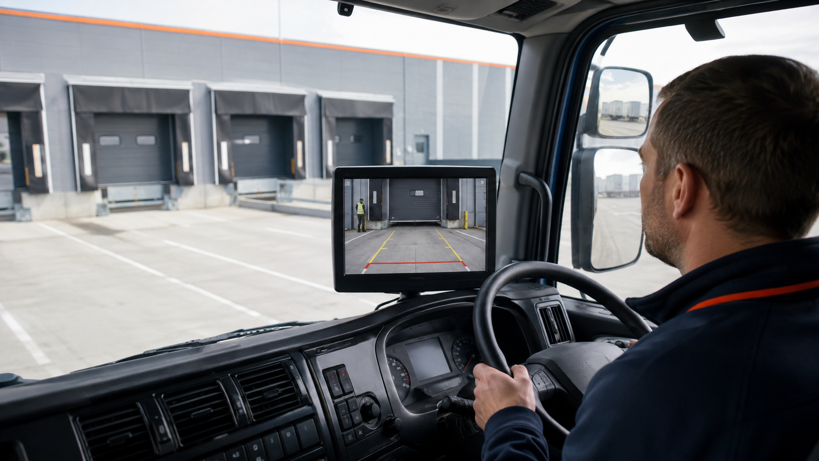 Chauffeur manoeuvreert een vrachtwagen met behulp van een achteruitrijcamera bij een laadperron