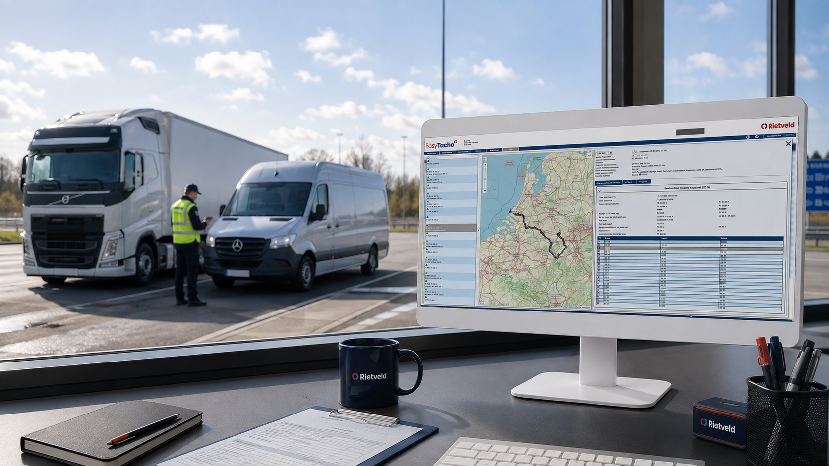 EasyTacho-scherm met controle van een vrachtwagen en zware bestelwagen op rij- en rusttijden